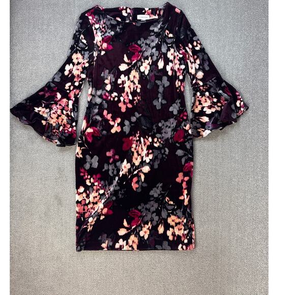 Calvin Klein Sheath Dress Velvet Floral Career Evening Wedding Guest Size 8 - Picture 1 of 10